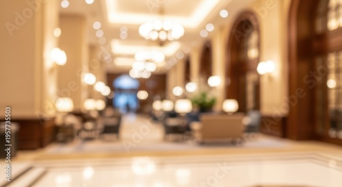 Blurred background of a luxurious hotel lobby with warm lighting and elegant decor.