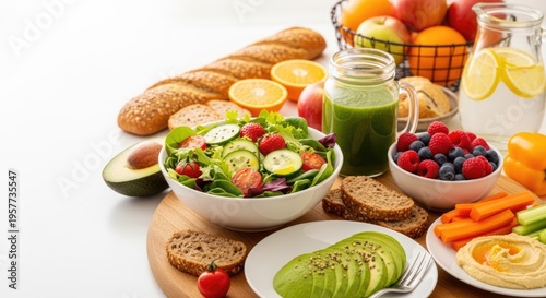 Healthy and Nutritious Food Spread with Fresh Fruits Vegetables and Grains.