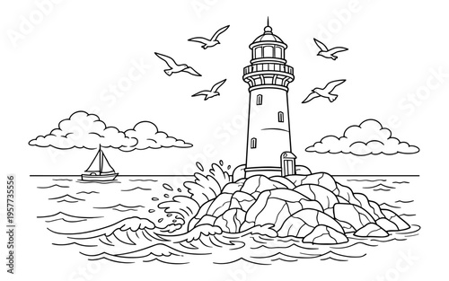 Seaside lighthouse stands tall on rocky shore with sailing boat and birds flying
