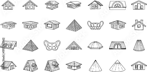 Hand-Drawn House and Building Shapes Collection: Diverse Architectural Structures, Domes, Pyramids, and Tents Outlines