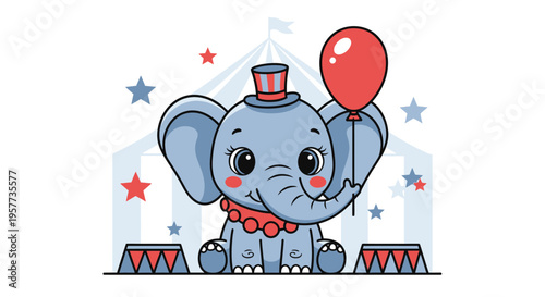 Cartoon Elephant Holding Red Balloon.