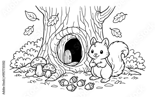 Cute cartoon squirrel with acorns and mushrooms near a tree hollow