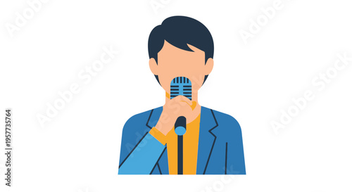 Man speaking into a microphone delivering a speech or presentation.