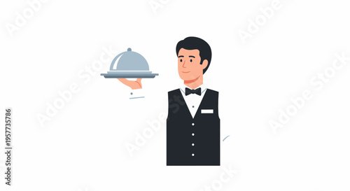 Professional Male Waiter Serving Food in a Restaurant Setting.
