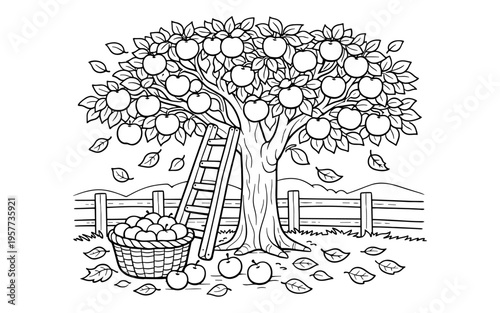 Black and white illustration of a bountiful apple tree ready for harvest with a basket and ladder
