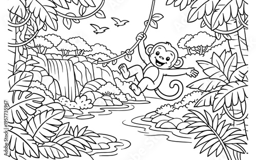 Joyful monkey swings on a vine in a lush jungle with a waterfall and birds flying