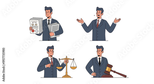 Lawyer Character Set Legal Service Cartoon Vector Illustrations Isolated on White Background