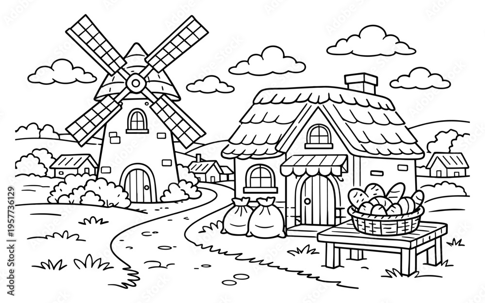 Fototapeta premium Charming cartoon village scene with a windmill and bakery display
