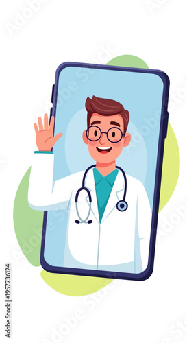 Doctor on phone screen waving.