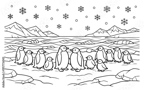 A charming colony of penguins and their chicks gather on an icy landscape with snowflakes falling