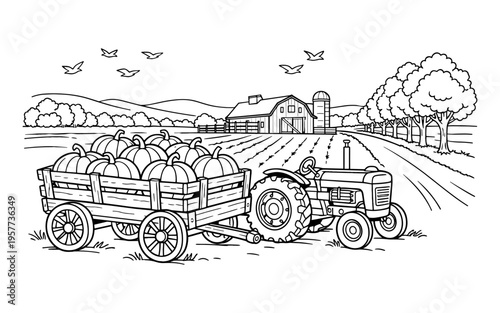 Harvest season on the farm with a tractor and wagon full of pumpkins