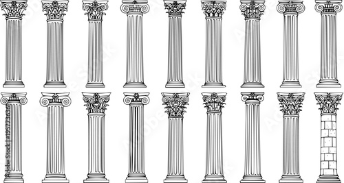 Detailed Vector Set of 18 Classical Architectural Columns: Ancient Greek and Roman Orders including Doric, Ionic, Corinthian, and Composite Designs in Black  White Line Art