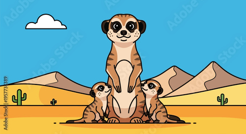 Three Meerkats Desert Landscape Scene.