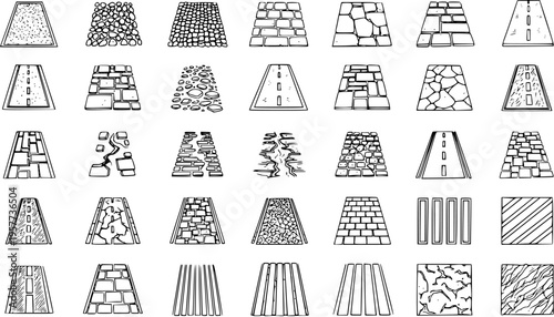 Hand-Drawn Sketch Style Collection of Diverse Road and Path Textures, Pavements, and Surface Patterns in Perspective - Vector Illustrations for Map Design and Game Assets