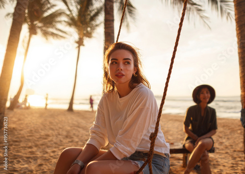 Woman sitting on a beach swing with friends in background, palm trees and ocean view, golden hour sunlight, relaxed vacation lifestyle, professional natural-light photography
