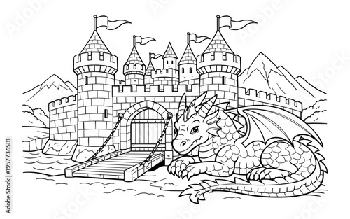 Fantasy castle and dragon coloring page for kids and adults