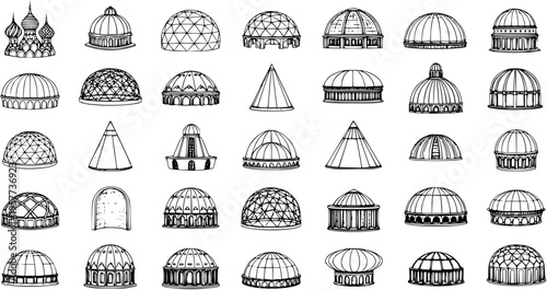 Set of Hand Drawn Architectural Domes and Cupolas, Featuring Various Styles from Geodesic to Classical and Conical Structures, Isolated on White Background