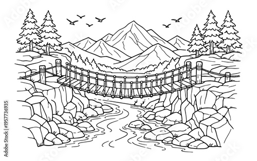 Suspension bridge spans a rocky gorge with a river flowing below and mountains in the distance