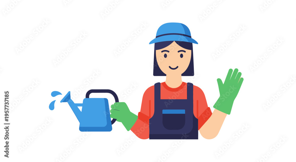 Obraz premium Smiling female gardener with watering can and green gloves.