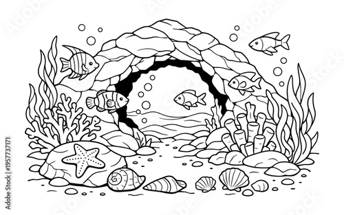 Underwater cave scene with fish, coral, and seashells for coloring