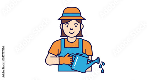 Smiling female gardener in hat and overalls watering plants.