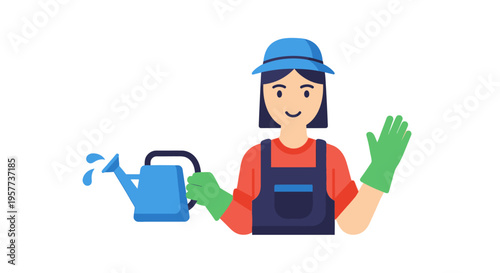 Smiling female gardener with watering can and green gloves.