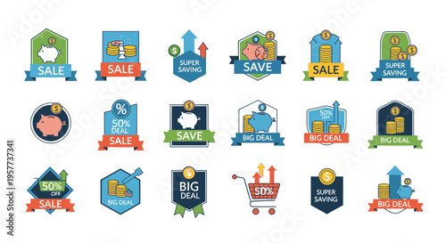 Collection of sale and discount icons.