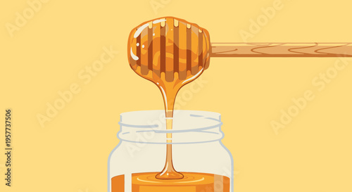 Golden honey dripping from dipper.