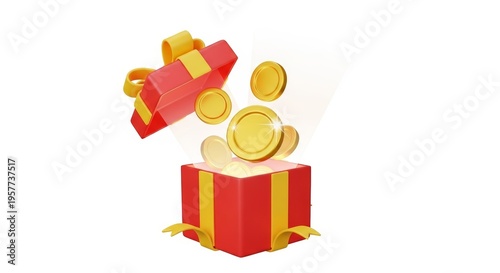 Open red gift box with floating gold coins. Surprise present with financial reward and wealth concept. Electronic commerce earnings and business success celebration 3D illustration design.