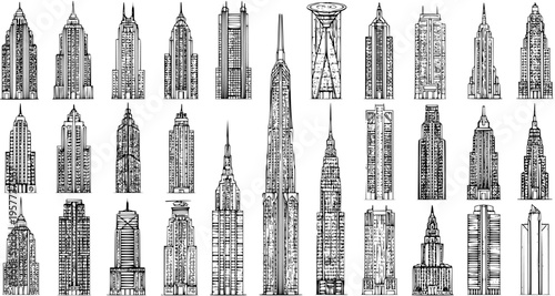 Collection of Hand-Drawn Skyscraper Illustrations: Black and White Sketch Art of Iconic City Buildings and Urban Architecture Designs for Various Projects
