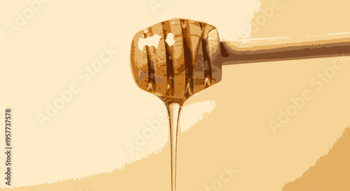 Honey dripping from wooden honey dipper.