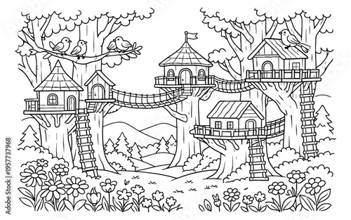 Whimsical treehouse village with bridges and birds in a forest setting