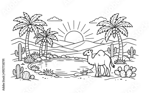 Desert oasis scene with a camel, palm trees, cacti, and a bright sun