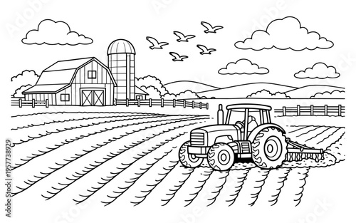 Farm scene with tractor plowing fields and barn in the background
