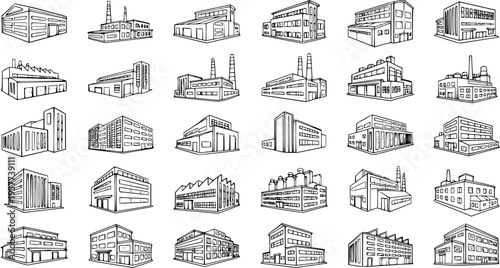 Detailed hand-drawn sketch set of various industrial and commercial buildings: factories, warehouses, and modern business offices in black and white illustration style, ideal for design.