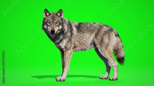 Majestic gray wolf stands with intense gaze on a vibrant green screen, providing a versatile isolated animal asset for compositing and visual effects projects