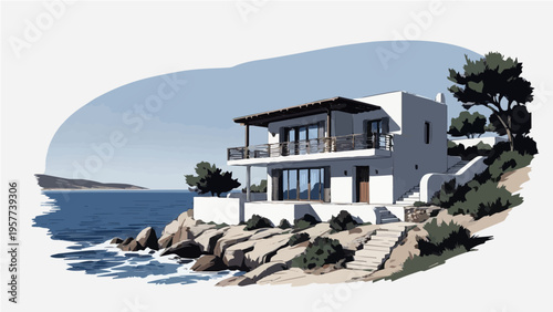 Modern vector illustration of luxury Greek villa on rocky coast with sea view and pine trees