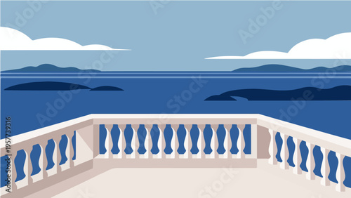 Elegant vector illustration of white balcony railing overlooking calm blue sea and distant islands