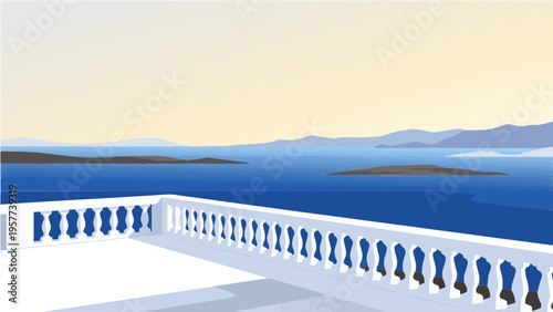 Vector illustration of white balustrade balcony with panoramic blue sea and island views at sunset