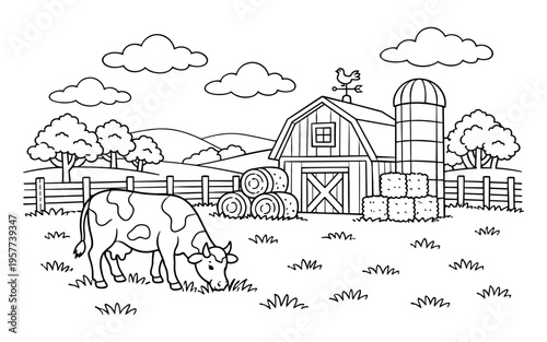 Charming farm scene with a cow grazing near a barn and silo under a cloudy sky