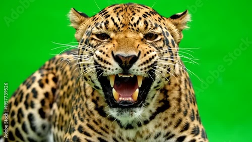 Intense close-up of a powerful jaguar roaring fiercely with bared fangs against a vibrant green chroma key background, perfect for video and photo compositing projects