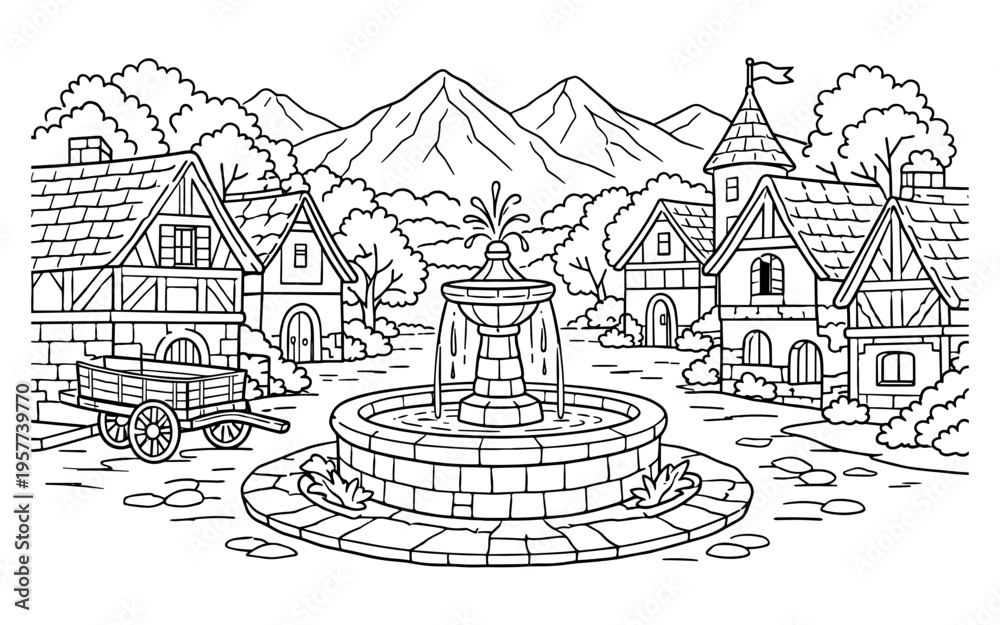 Fototapeta premium Charming medieval village square with a central fountain and surrounding timber-framed houses