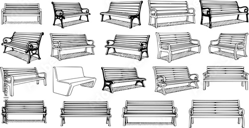 Detailed Collection of Various Park Bench Styles - Hand-Drawn Illustrations for Outdoor and Public Seating Design