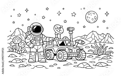 Astronaut exploring alien planet with rover and strange flora under starry sky