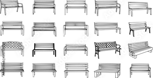 Detailed Line Art Illustrations of Various Park Benches, a Diverse Collection of Outdoor Public Seating Designs and Styles