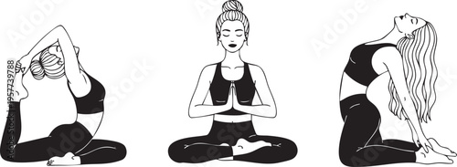 Yoga Meditation Pose Bundle Female Sitting and Stretching Silhouettes 