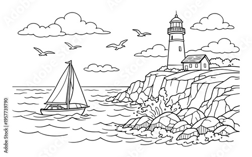 Scenic lighthouse coloring page featuring a sailboat and waves