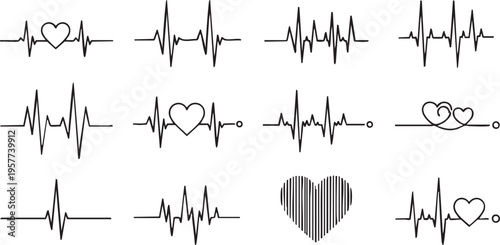 Heartbeat EKG Line Bundle Pulse Wave and Heart Rate Patterns 