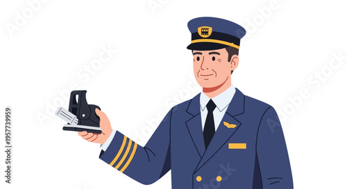 Professional airline pilot in uniform holding a ticket scanner.