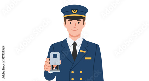 Male train conductor in uniform holding a smartphone ready to assist passengers.